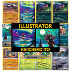 Keiichero Ito illustrator binder pages set showing unique Pokémon card artworks in grayscale and color, designed as a digital download to complete a collector’s binder.