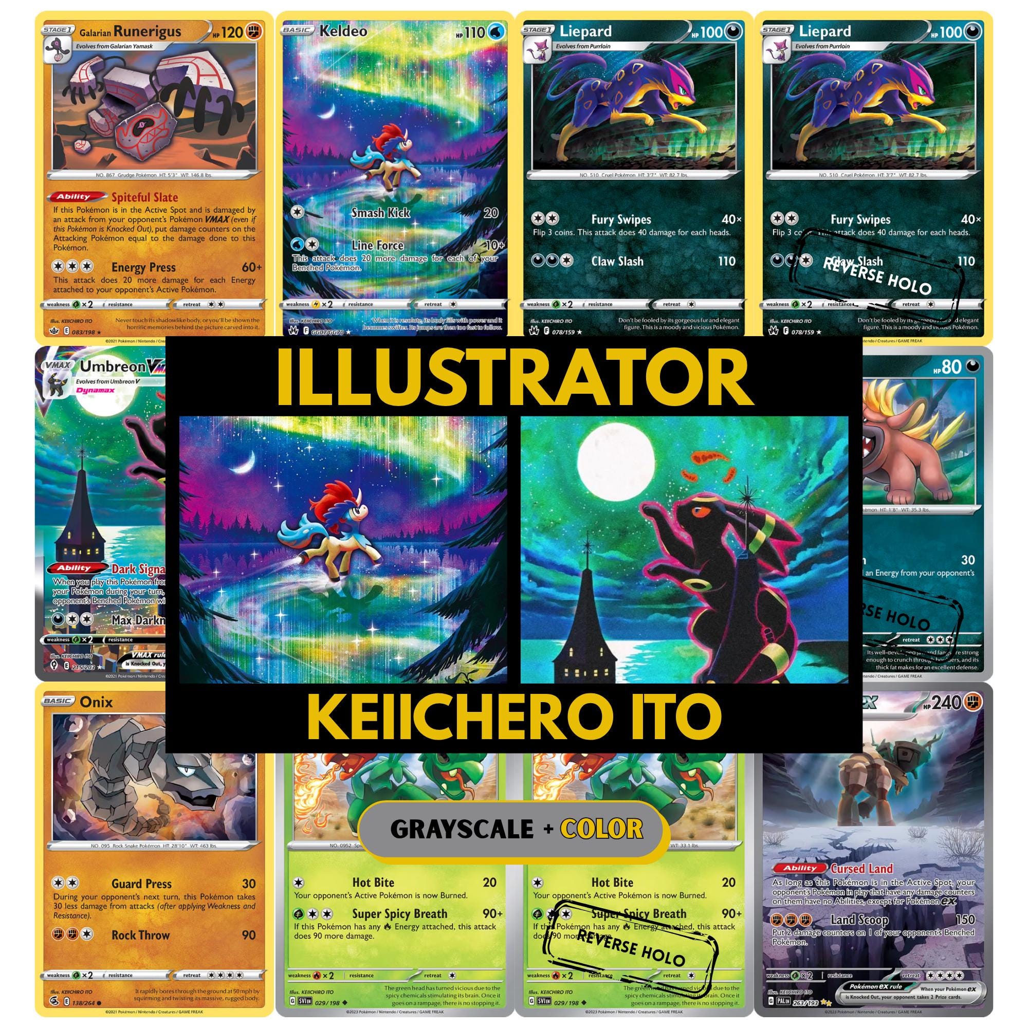 Keiichero Ito illustrator binder pages set showing unique Pokémon card artworks in grayscale and color, designed as a digital download to complete a collector’s binder.
