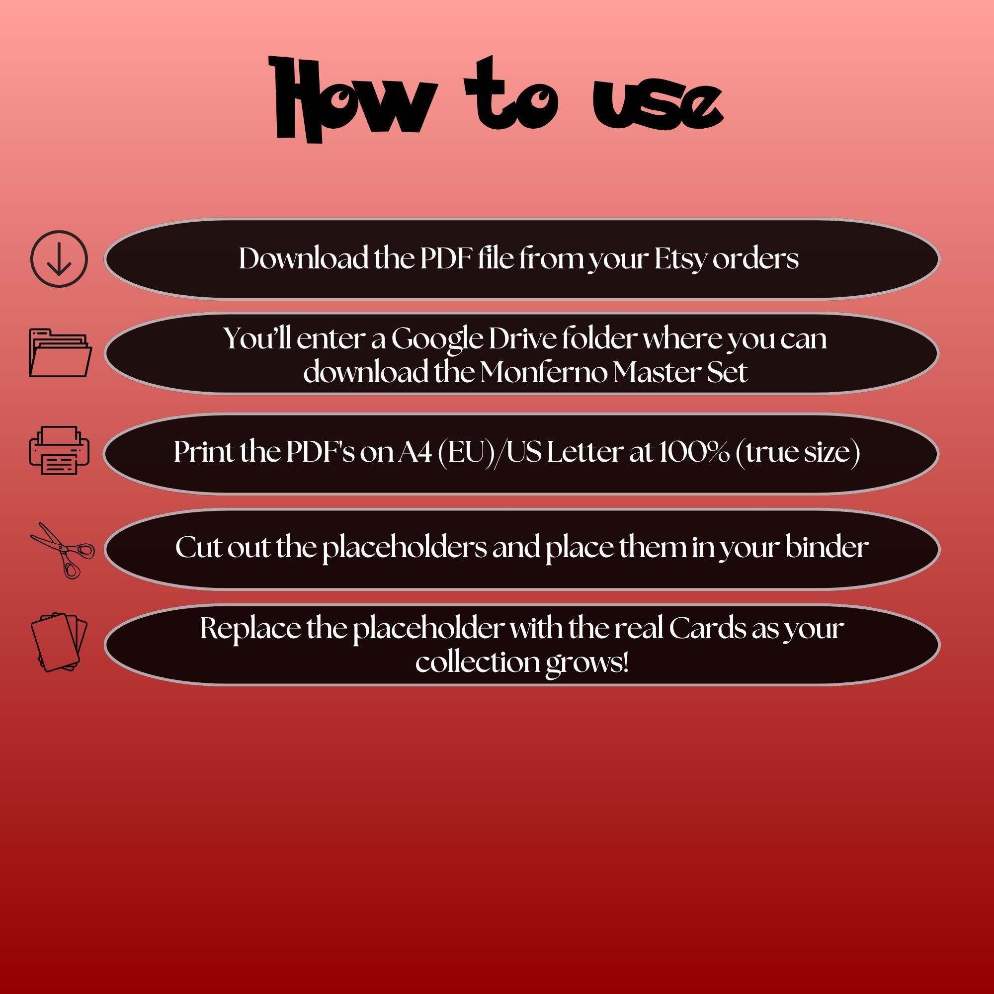 Monferno cards digital download instructions explaining how to print, cut, and place placeholders in a Pokémon binder.