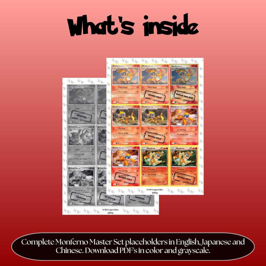 Monferno binder pages set overview showing the included Pokémon cards to print and cut for your binder sleeves.
