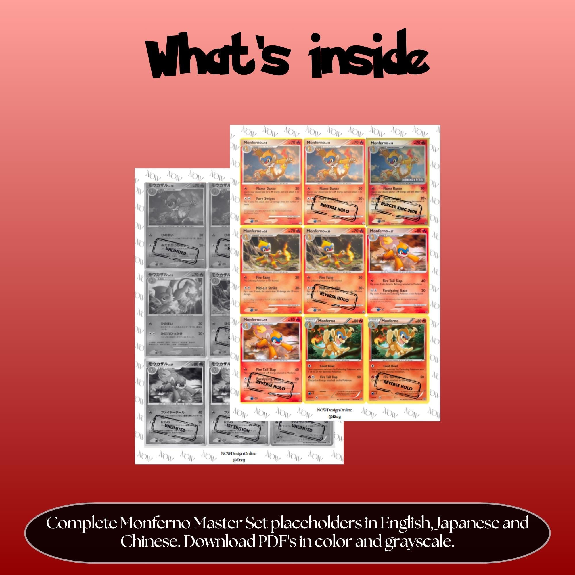 Monferno binder pages set overview showing the included Pokémon cards to print and cut for your binder sleeves.