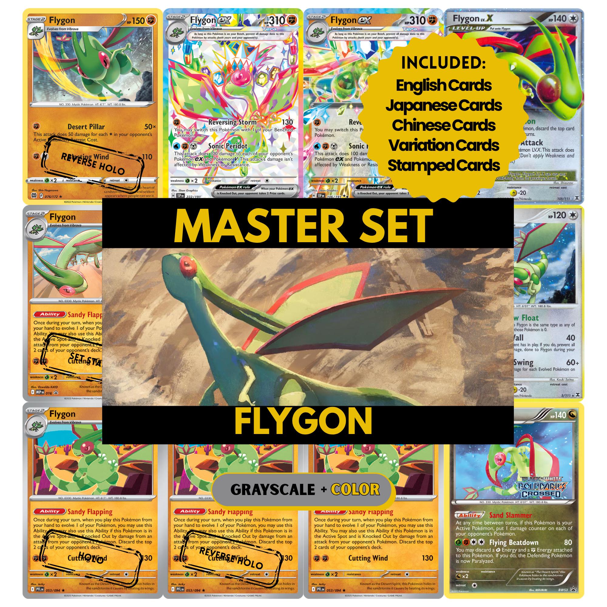 Flygon binder pages set showing grayscale and color Pokémon cards, designed as a digital download to complete a collector’s binder.