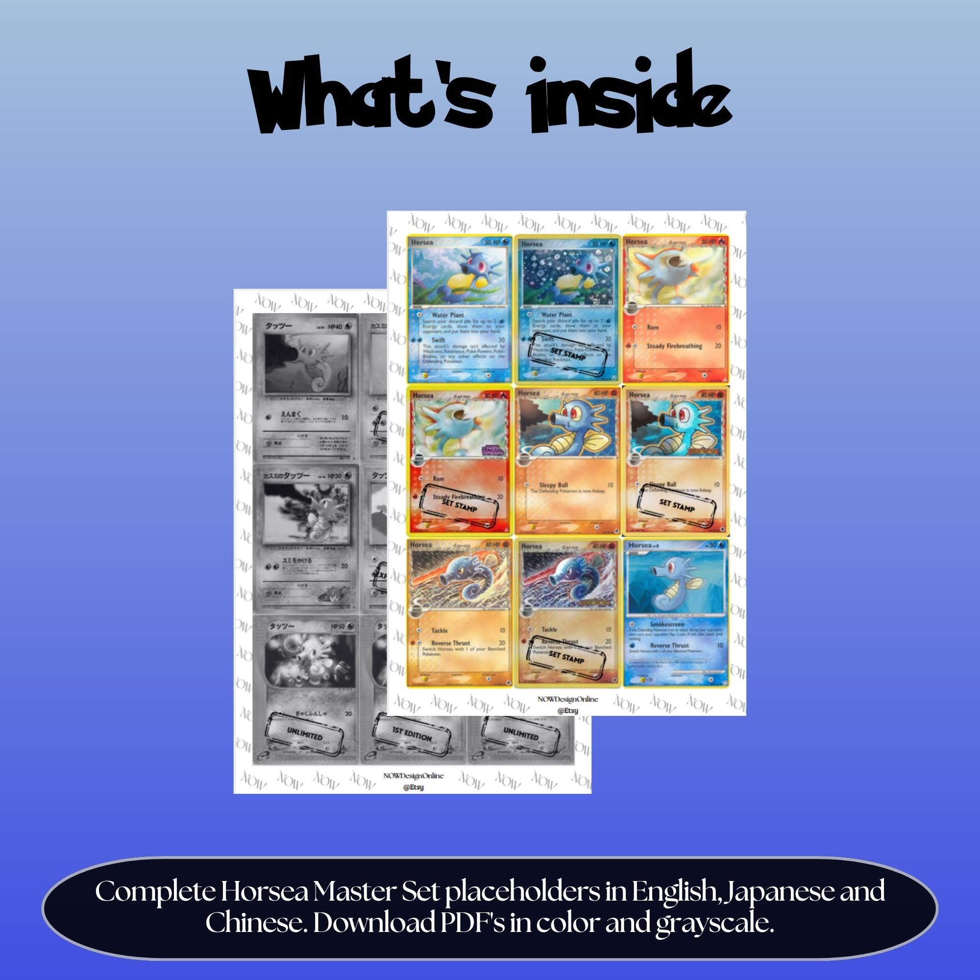 Horsea binder pages set overview showing the included Pokémon cards to print and cut for your binder sleeves.