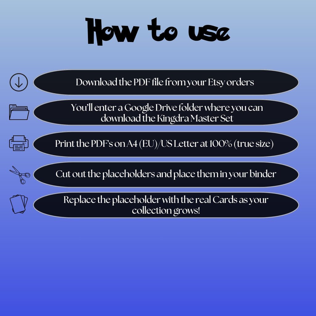 Kingdra cards digital download instructions explaining how to print, cut, and place placeholders in a Pokémon binder.