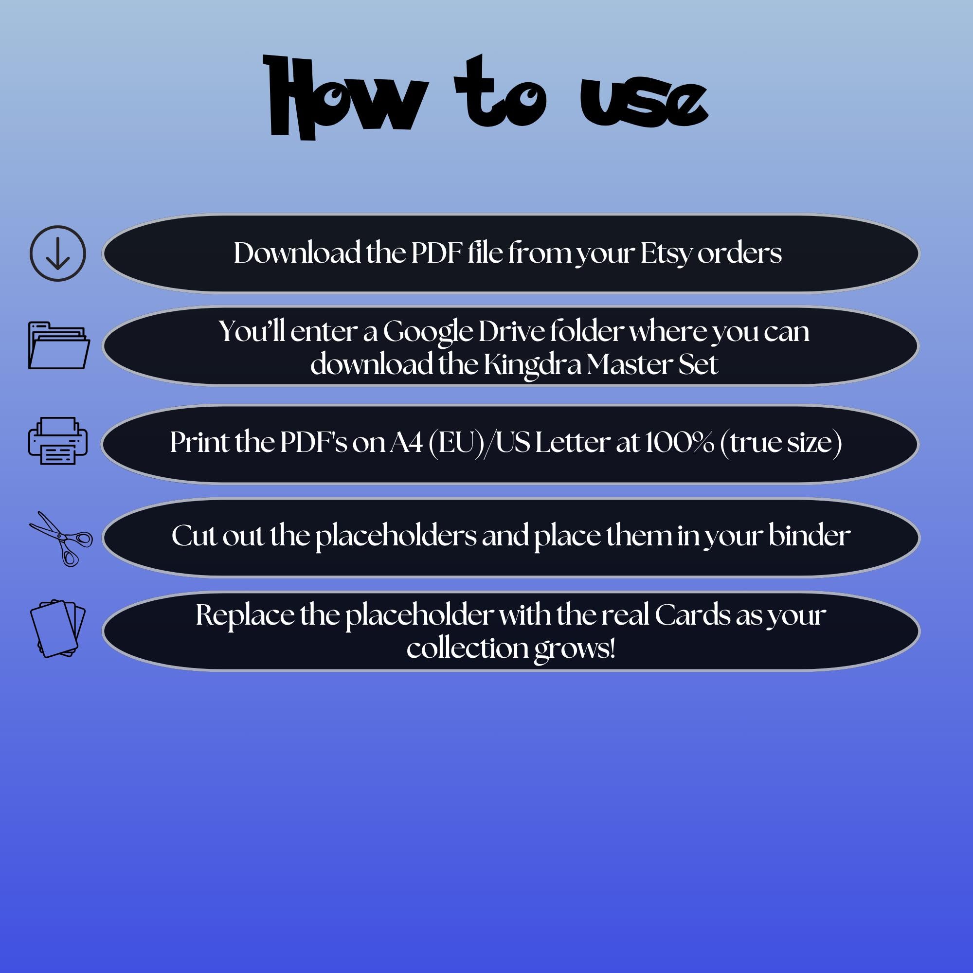 Kingdra cards digital download instructions explaining how to print, cut, and place placeholders in a Pokémon binder.