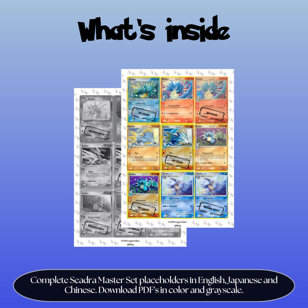 Seadra binder pages set overview showing the included Pokémon cards to print and cut for your binder sleeves.