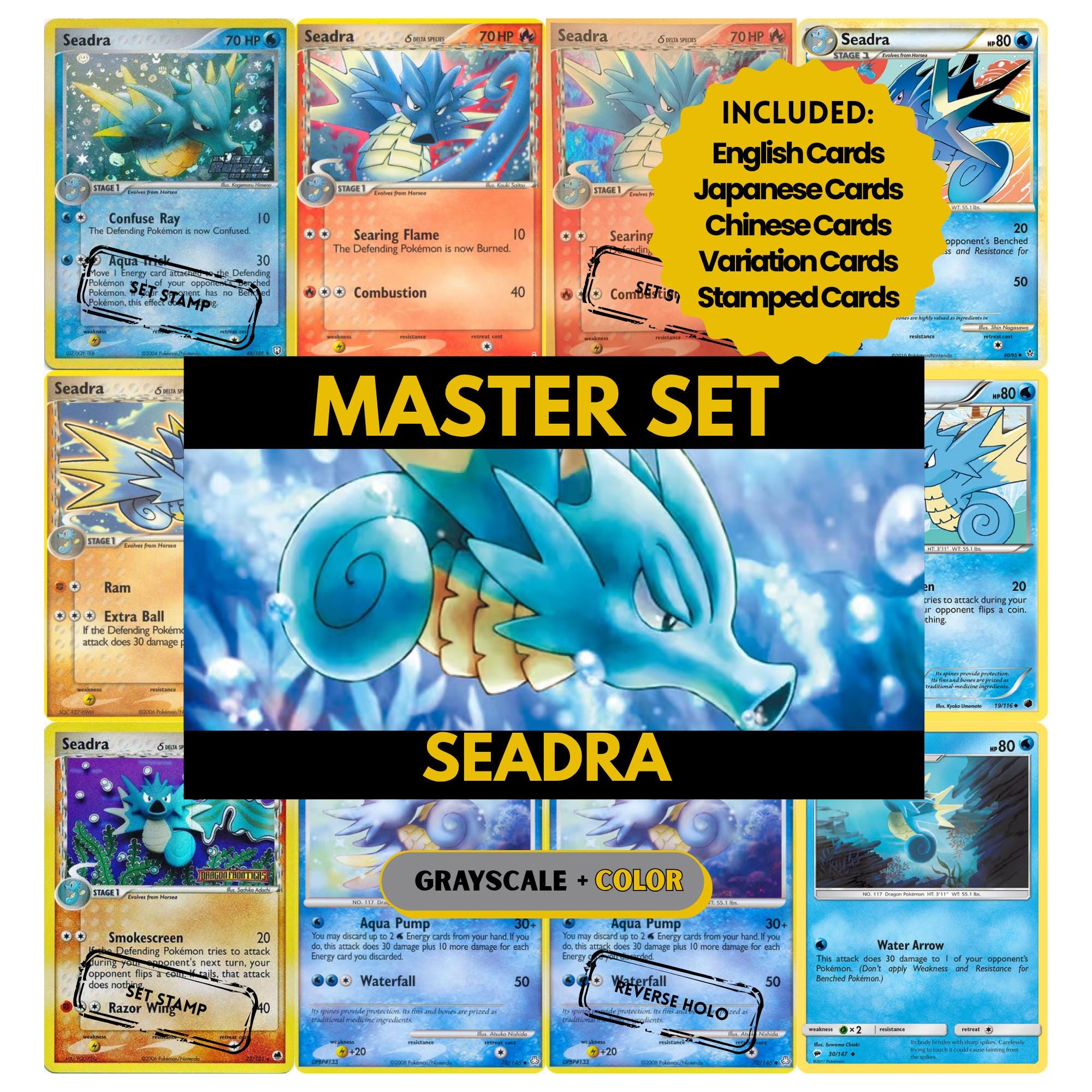 Seadra binder pages set showing grayscale and color Pokémon cards, designed as a digital download to complete a collector’s binder.