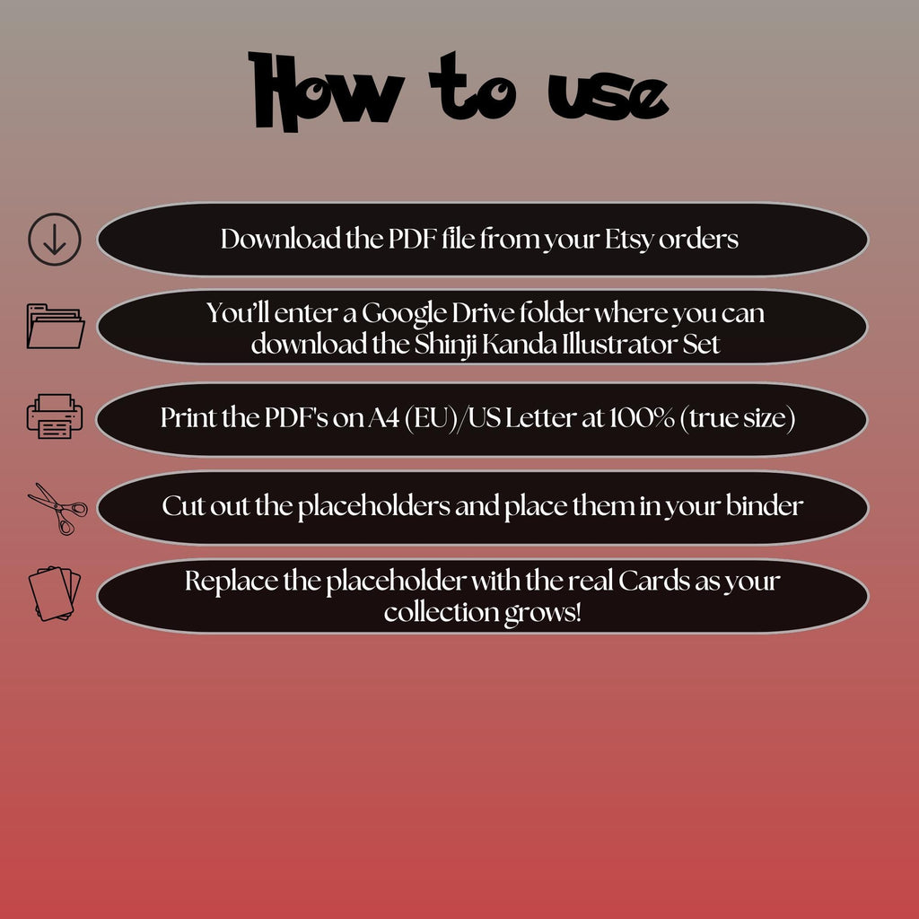 Shinji Kanda cards digital download instructions explaining how to print, cut, and place placeholders in a Pokémon binder.