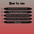 Shinji Kanda cards digital download instructions explaining how to print, cut, and place placeholders in a Pokémon binder.