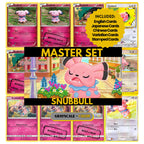 Snubbull binder pages set showing grayscale and color Pokémon cards, designed as a digital download to complete a collector’s binder.