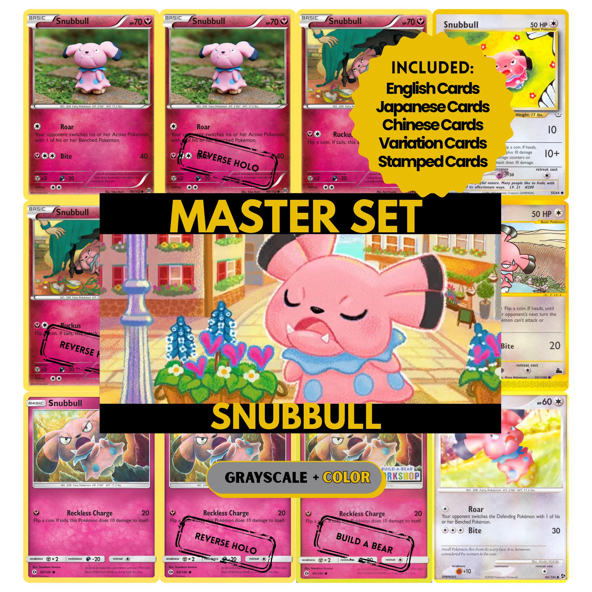 Snubbull binder pages set showing grayscale and color Pokémon cards, designed as a digital download to complete a collector’s binder.