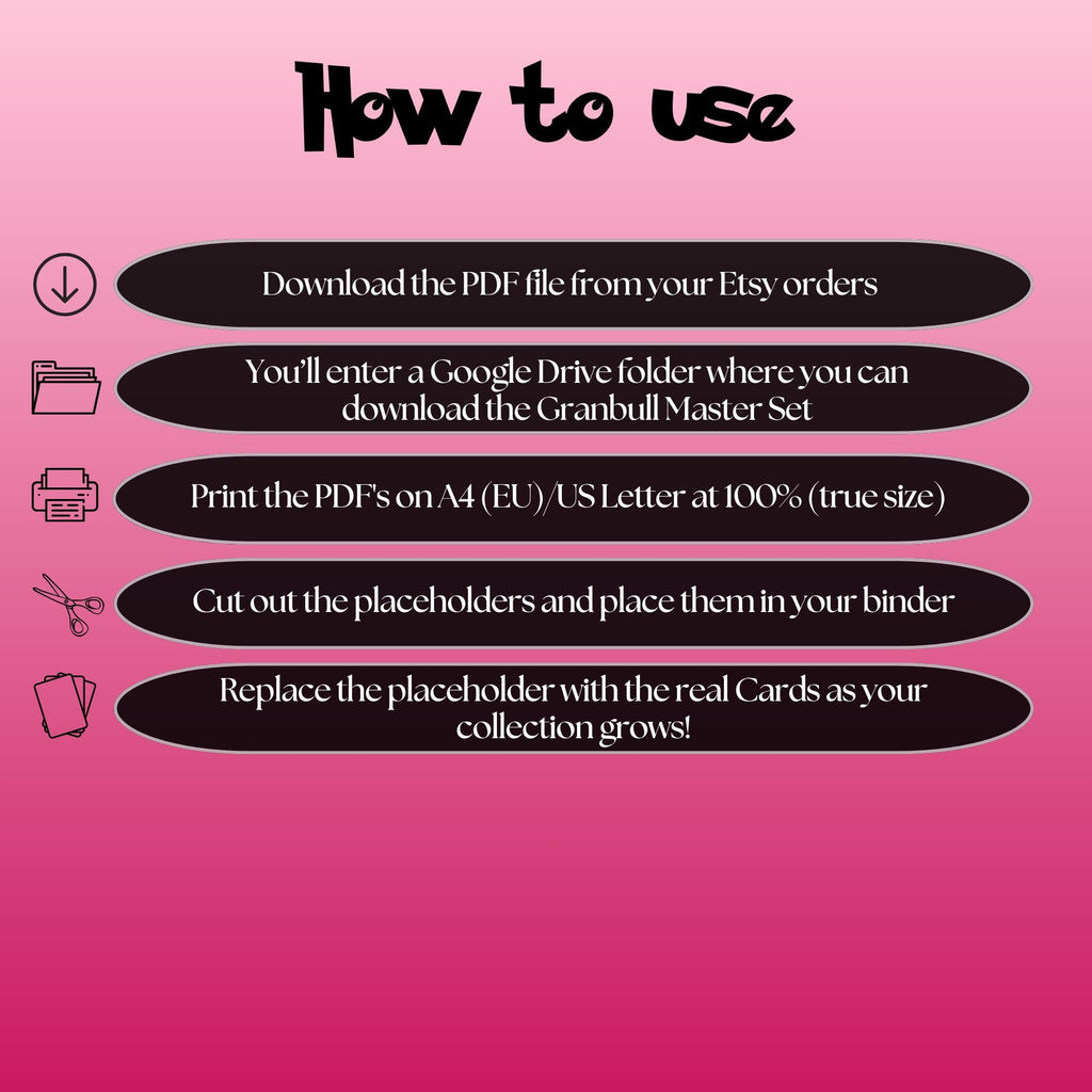 Granbull cards digital download instructions explaining how to print, cut, and place placeholders in a Pokémon binder.