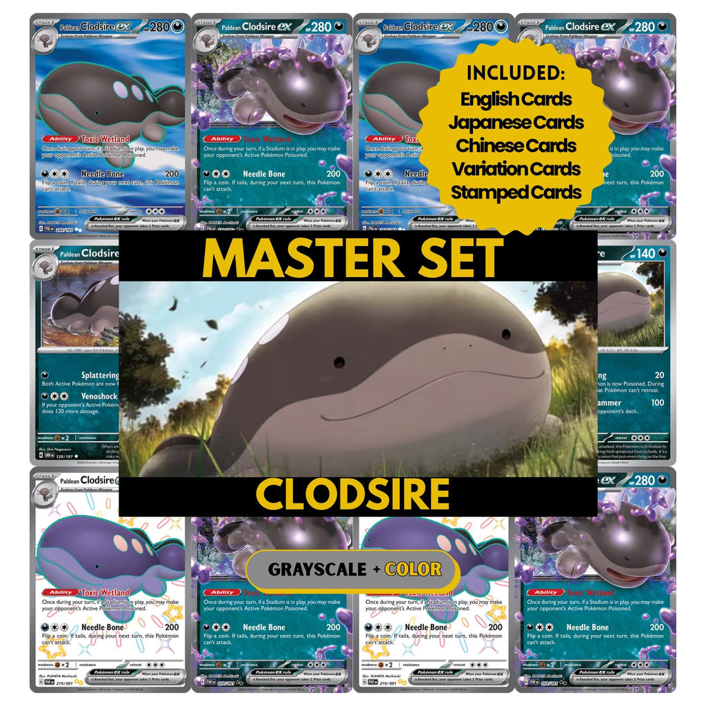 Clodsire binder pages set showing grayscale and color Pokémon cards, designed as a digital download to complete a collector’s binder.