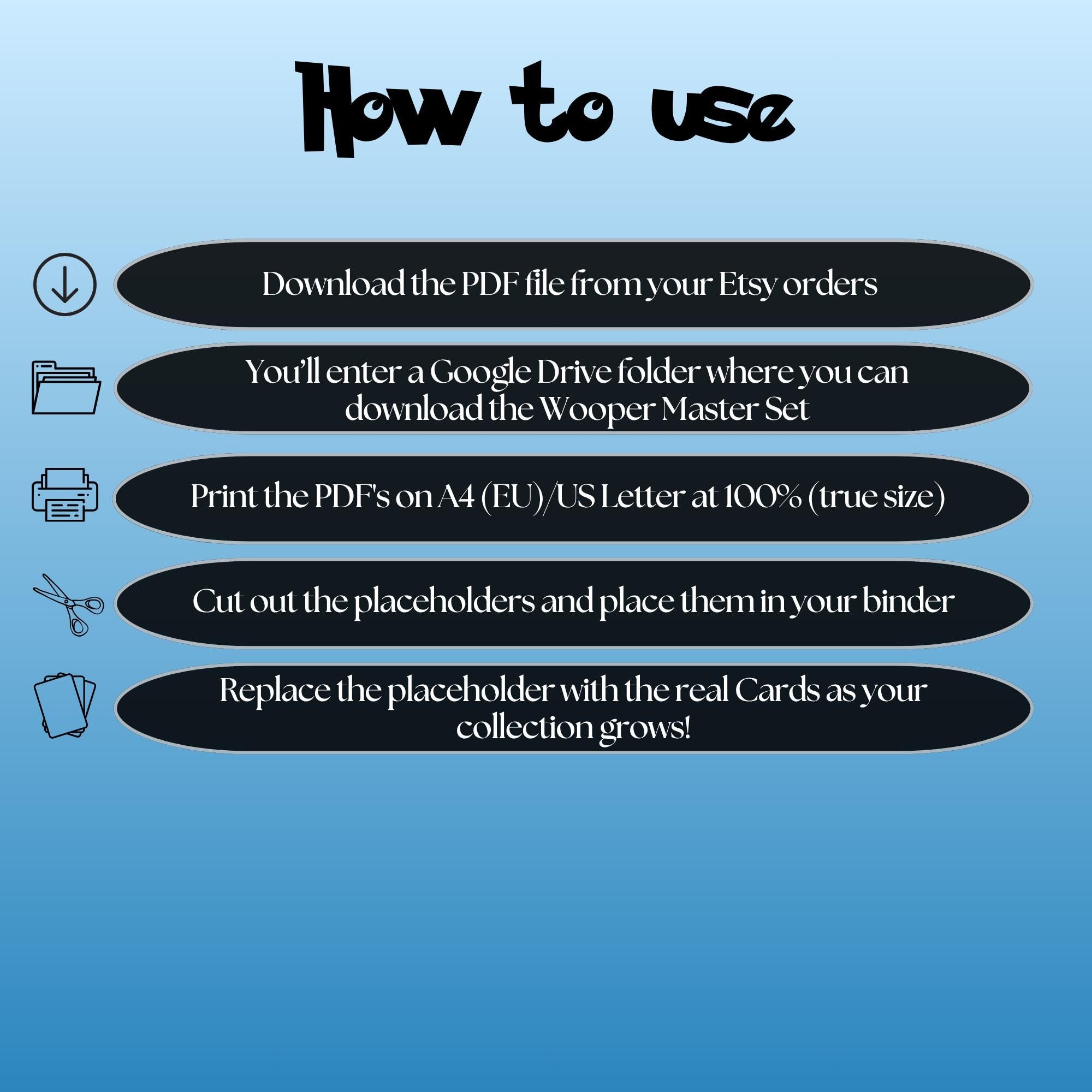Wooper cards digital download instructions explaining how to print, cut, and place placeholders in a Pokémon binder.