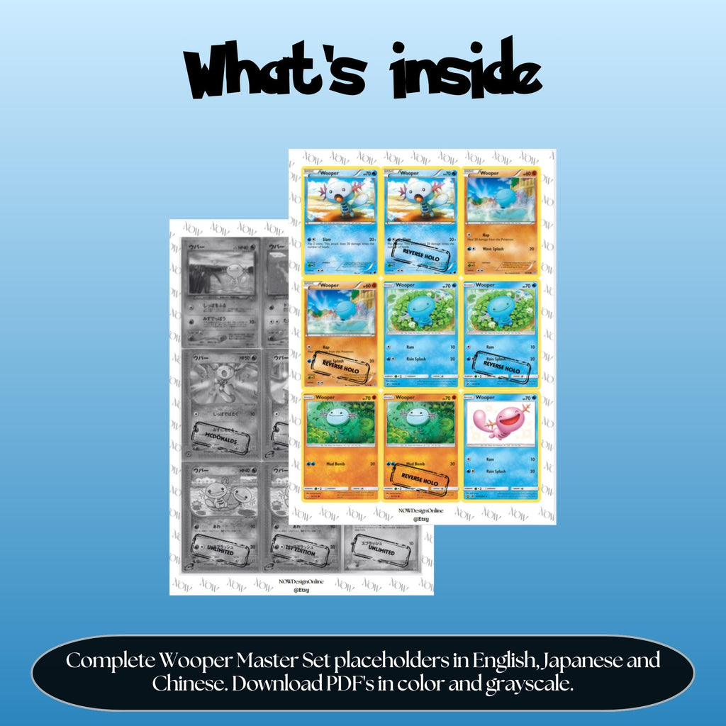 Wooper binder pages set overview showing the included Pokémon cards to print and cut for your binder sleeves.
