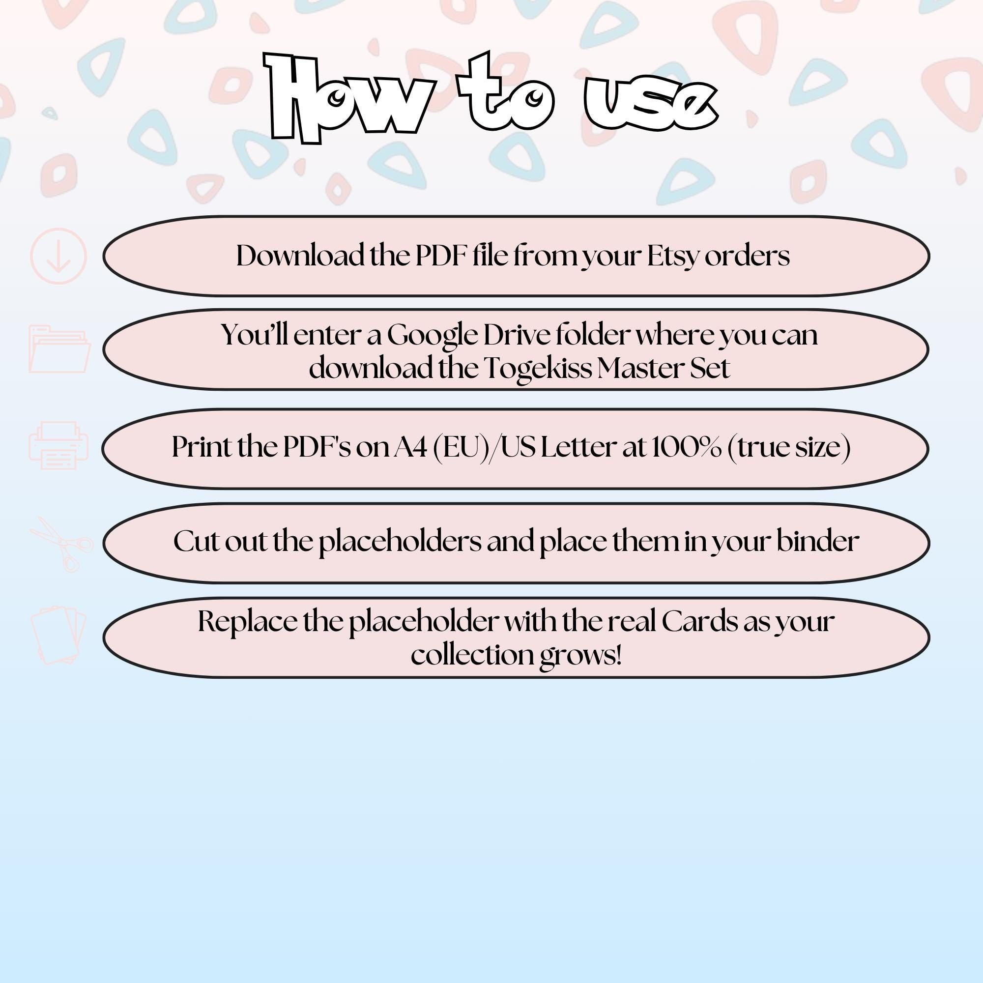 Togekiss cards digital download instructions explaining how to print, cut, and place placeholders in a Pokémon binder.