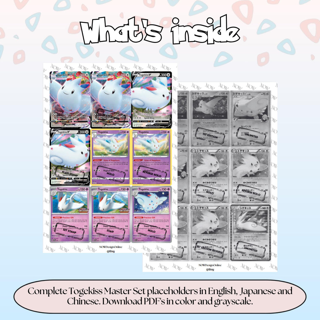 Togekiss binder pages set overview showing the included Pokémon cards to print and cut for your binder sleeves.