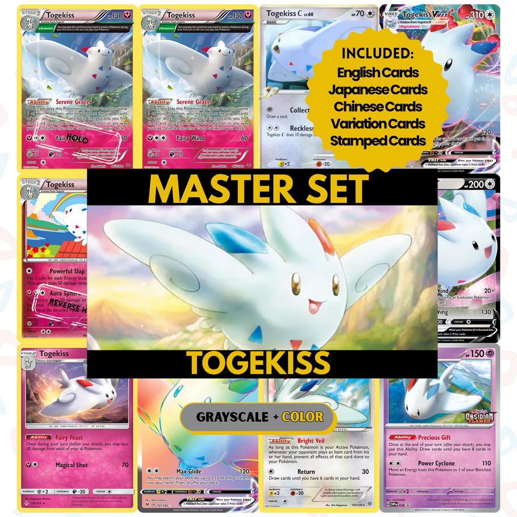 Togekiss binder pages set showing grayscale and color Pokémon cards, designed as a digital download to complete a collector’s binder.