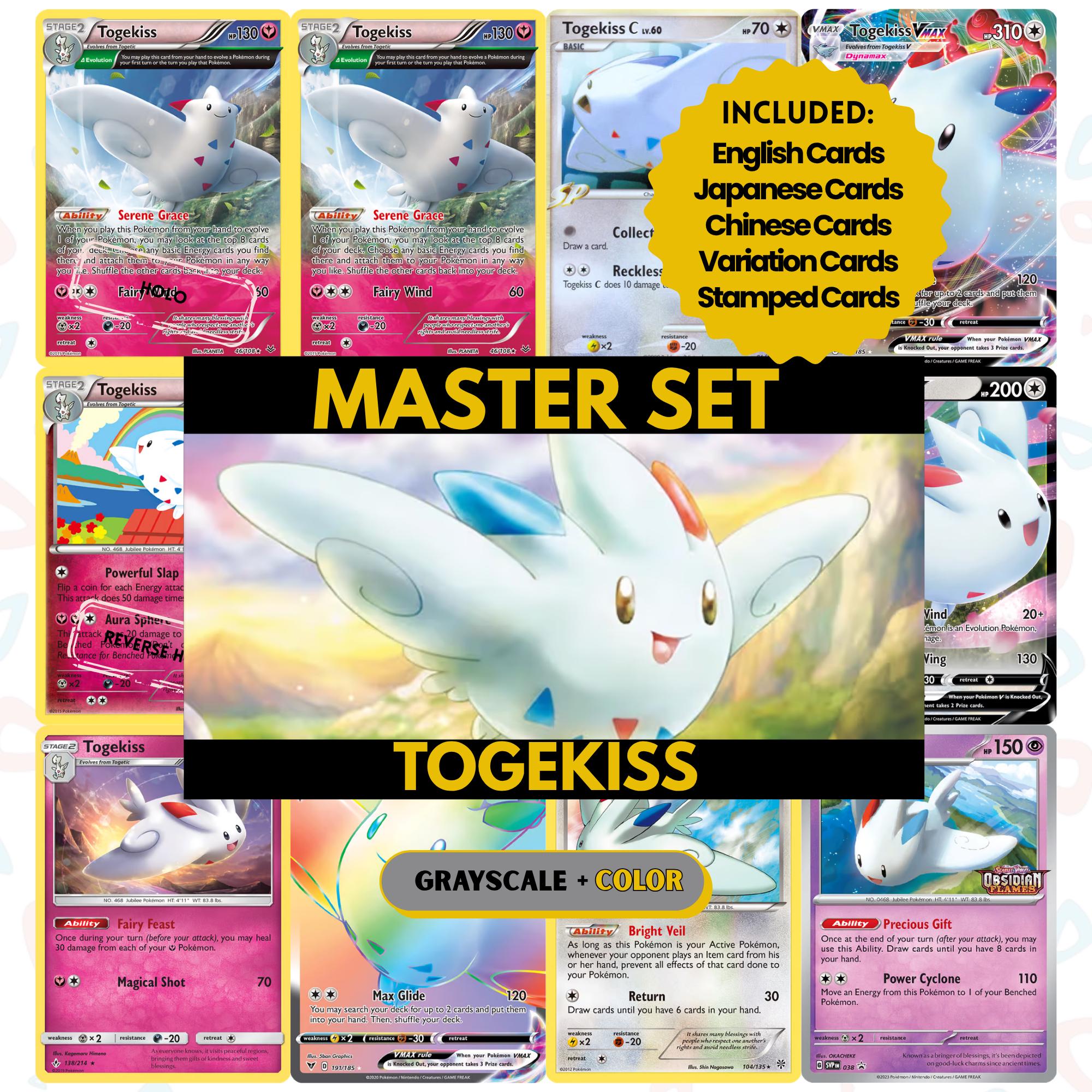 Togekiss binder pages set showing grayscale and color Pokémon cards, designed as a digital download to complete a collector’s binder.