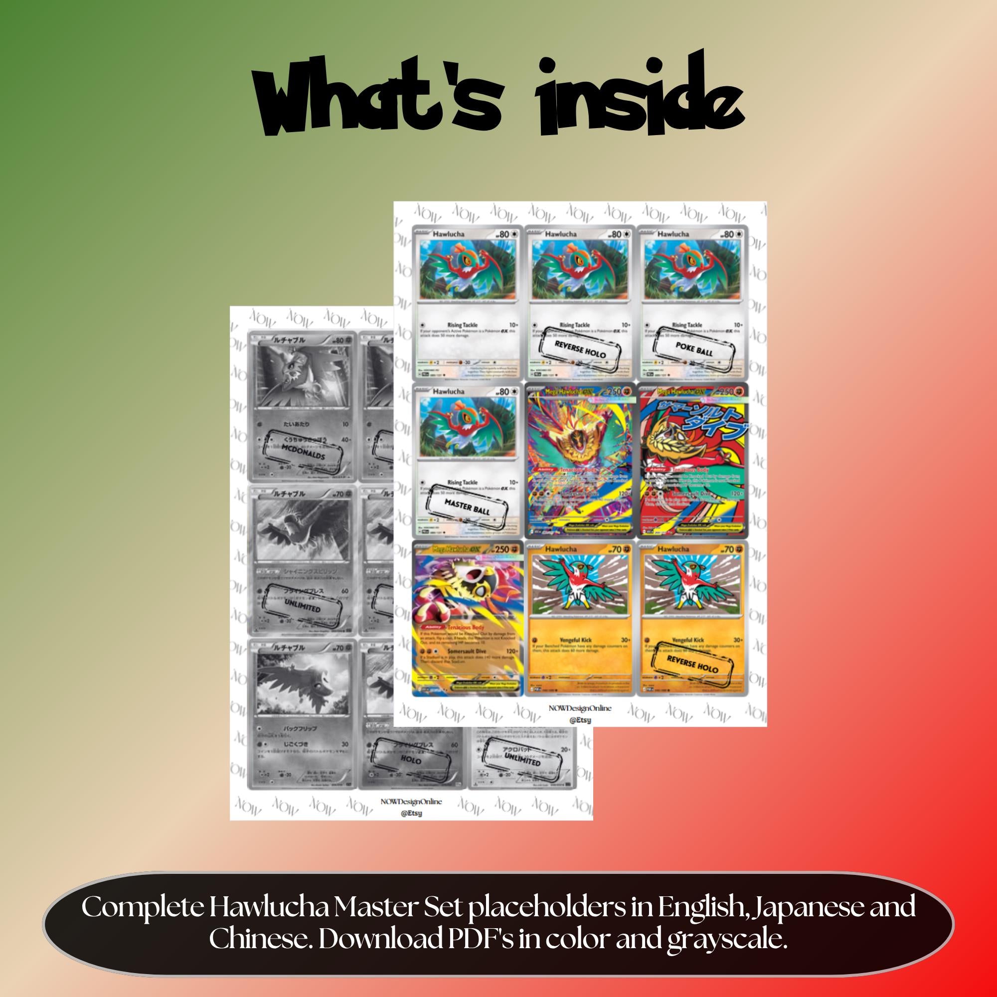 Hawlucha binder pages set overview showing the included Pokémon cards to print and cut for your binder sleeves.