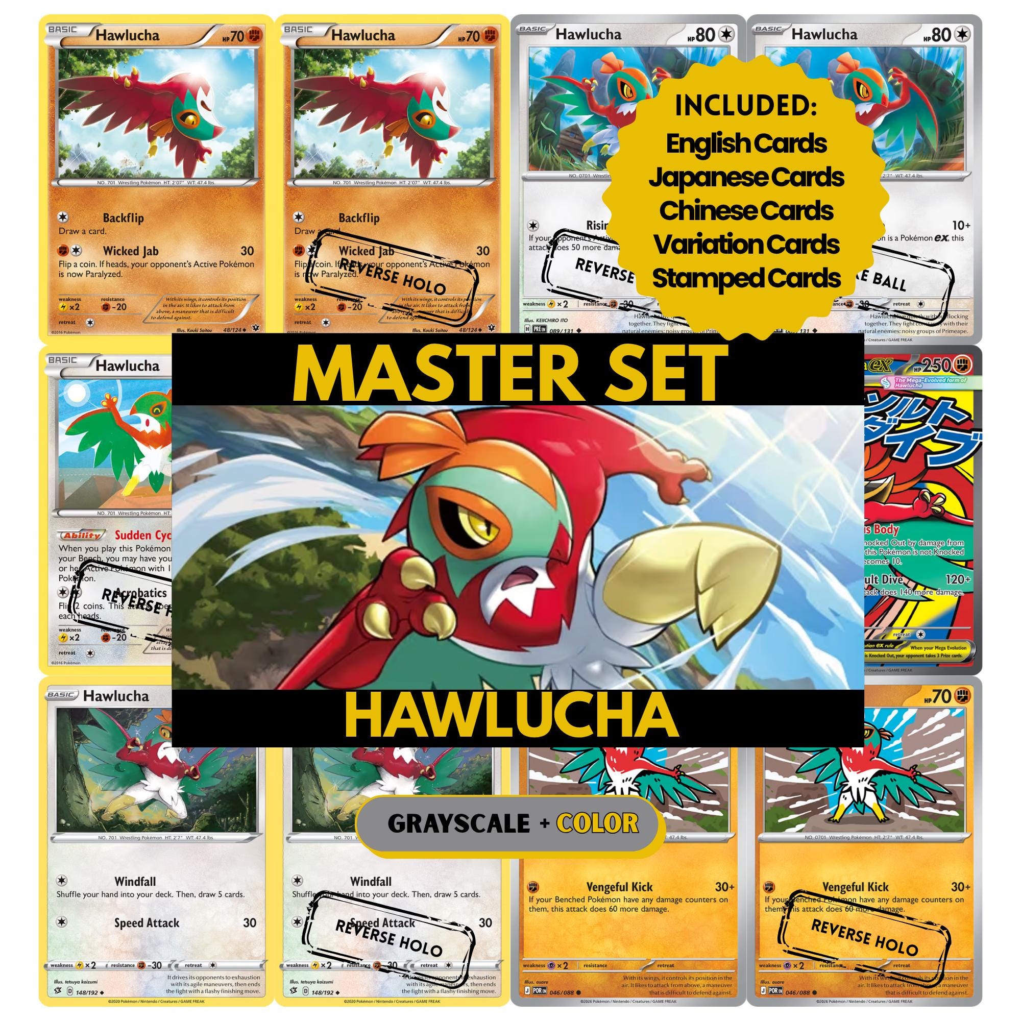 Hawlucha binder pages set showing grayscale and color Pokémon cards, designed as a digital download to complete a collector’s binder.
