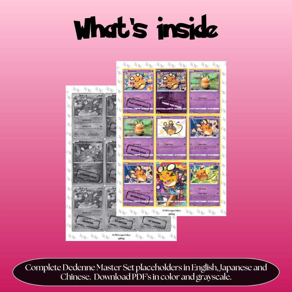 Dedenne binder pages set overview showing the included Pokémon cards to print and cut for your binder sleeves.