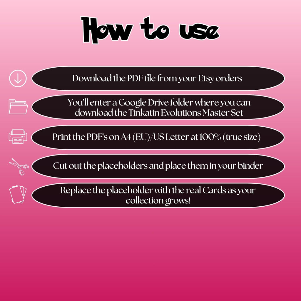 Tinkatank, Tinkatuff and Tinkaton cards digital download instructions explaining how to print, cut, and place placeholders in a Pokémon binder.