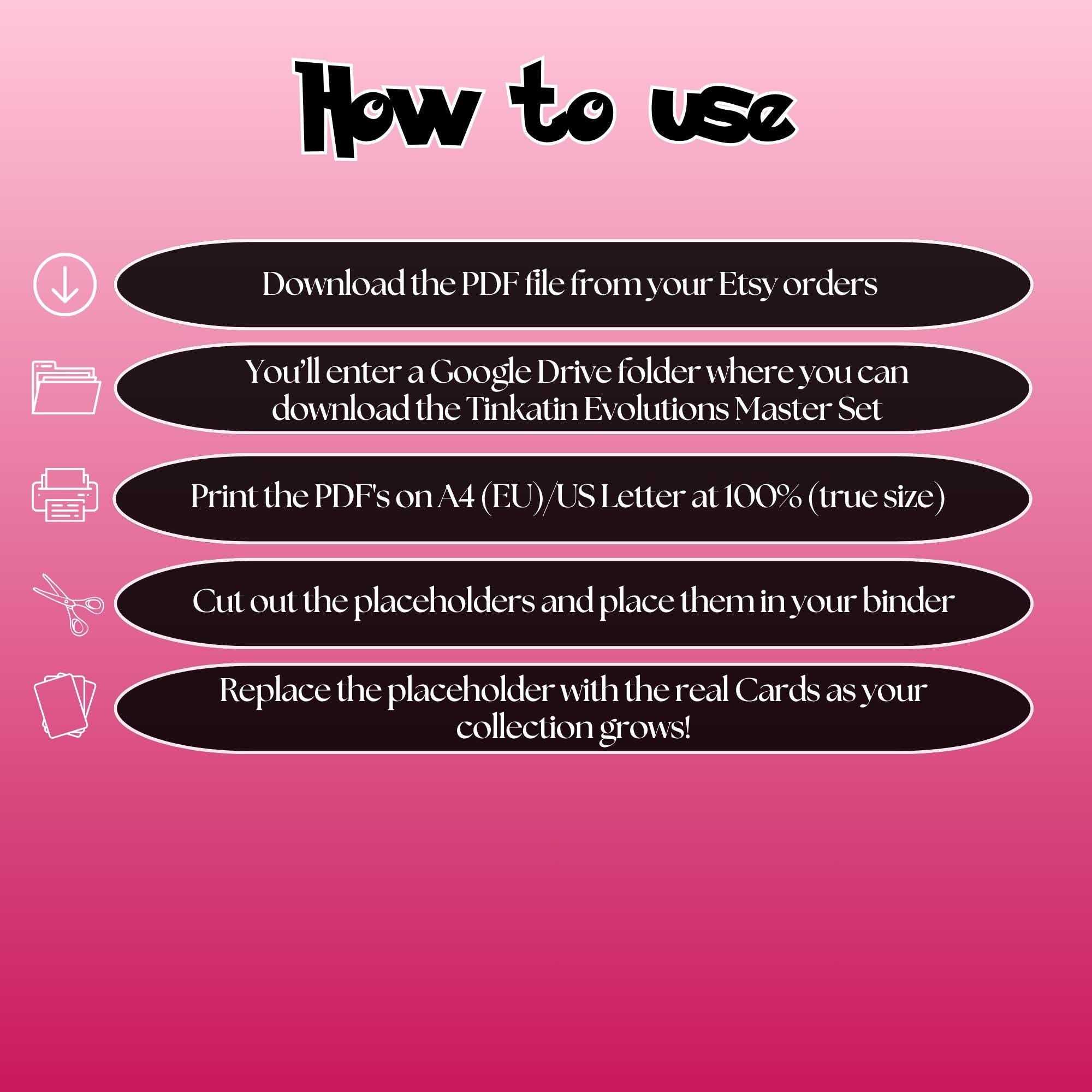 Tinkatank, Tinkatuff and Tinkaton cards digital download instructions explaining how to print, cut, and place placeholders in a Pokémon binder.