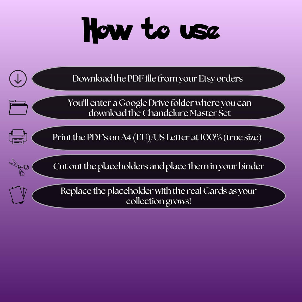 Chandelure cards digital download instructions explaining how to print, cut, and place placeholders in a Pokémon binder.