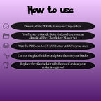 Chandelure cards digital download instructions explaining how to print, cut, and place placeholders in a Pokémon binder.
