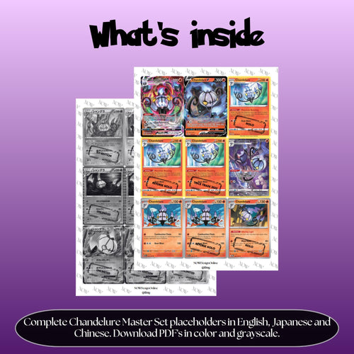 Chandelure binder pages set overview showing the included Pokémon cards to print and cut for your binder sleeves.