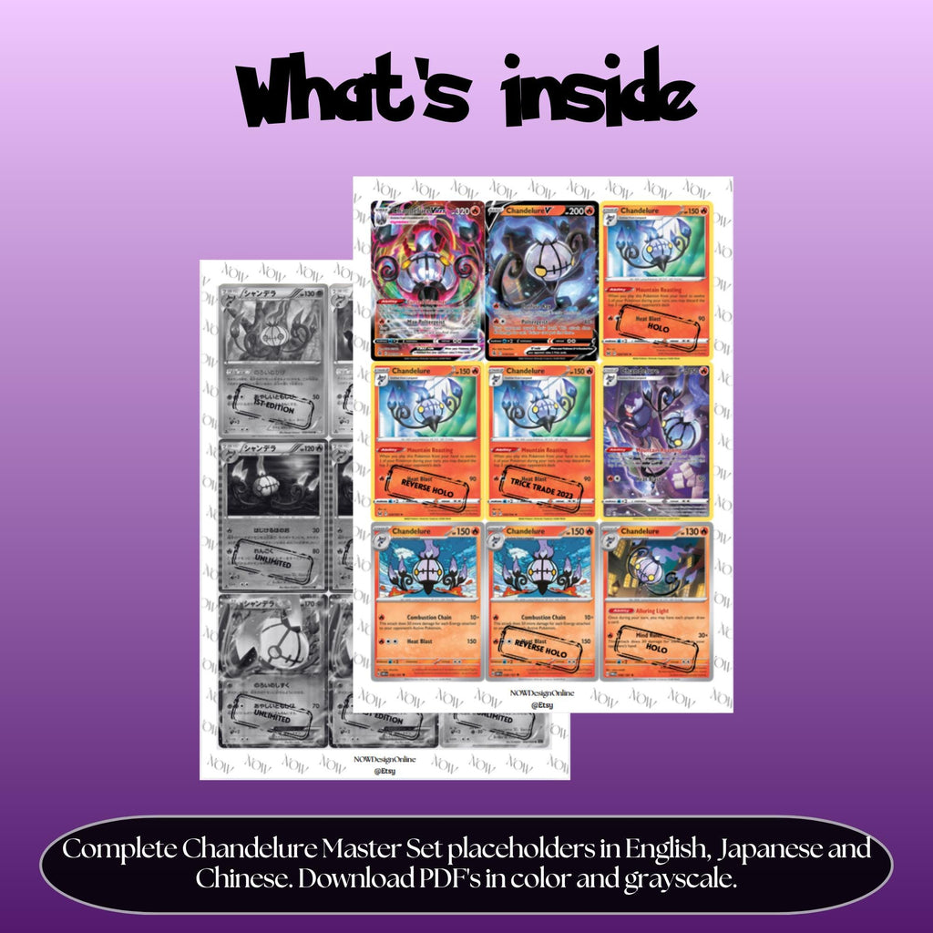 Chandelure binder pages set overview showing the included Pokémon cards to print and cut for your binder sleeves.