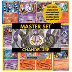 Chandelure binder pages set showing grayscale and color Pokémon cards, designed as a digital download to complete a collector’s binder.