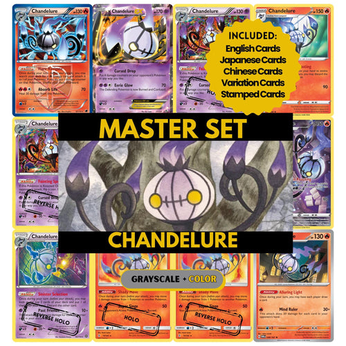 Chandelure binder pages set showing grayscale and color Pokémon cards, designed as a digital download to complete a collector’s binder.