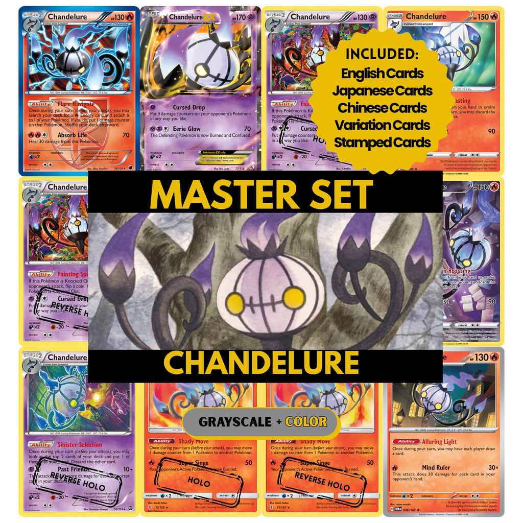 Chandelure binder pages set showing grayscale and color Pokémon cards, designed as a digital download to complete a collector’s binder.