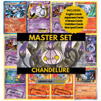 Chandelure binder pages set showing grayscale and color Pokémon cards, designed as a digital download to complete a collector’s binder.