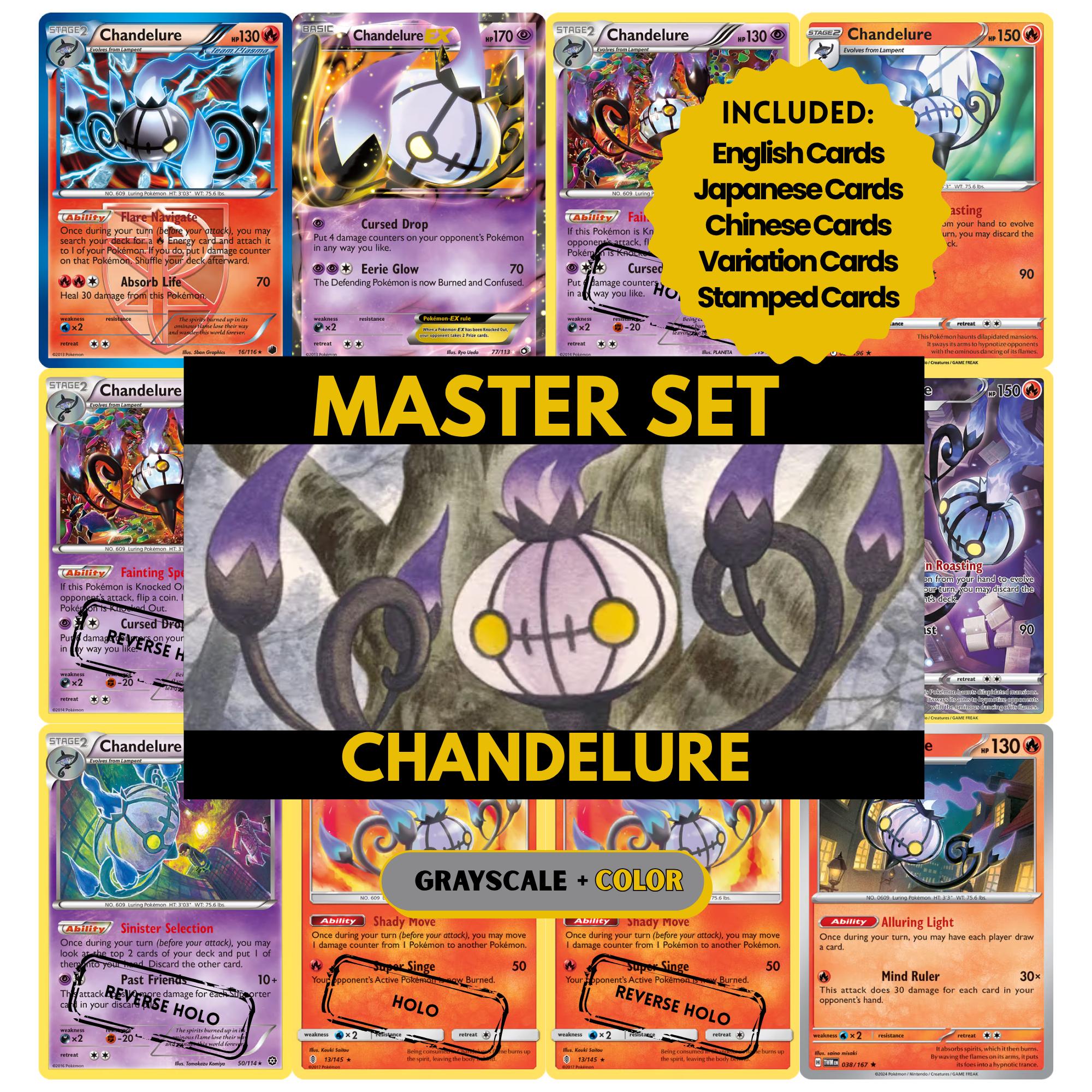 Chandelure binder pages set showing grayscale and color Pokémon cards, designed as a digital download to complete a collector’s binder.