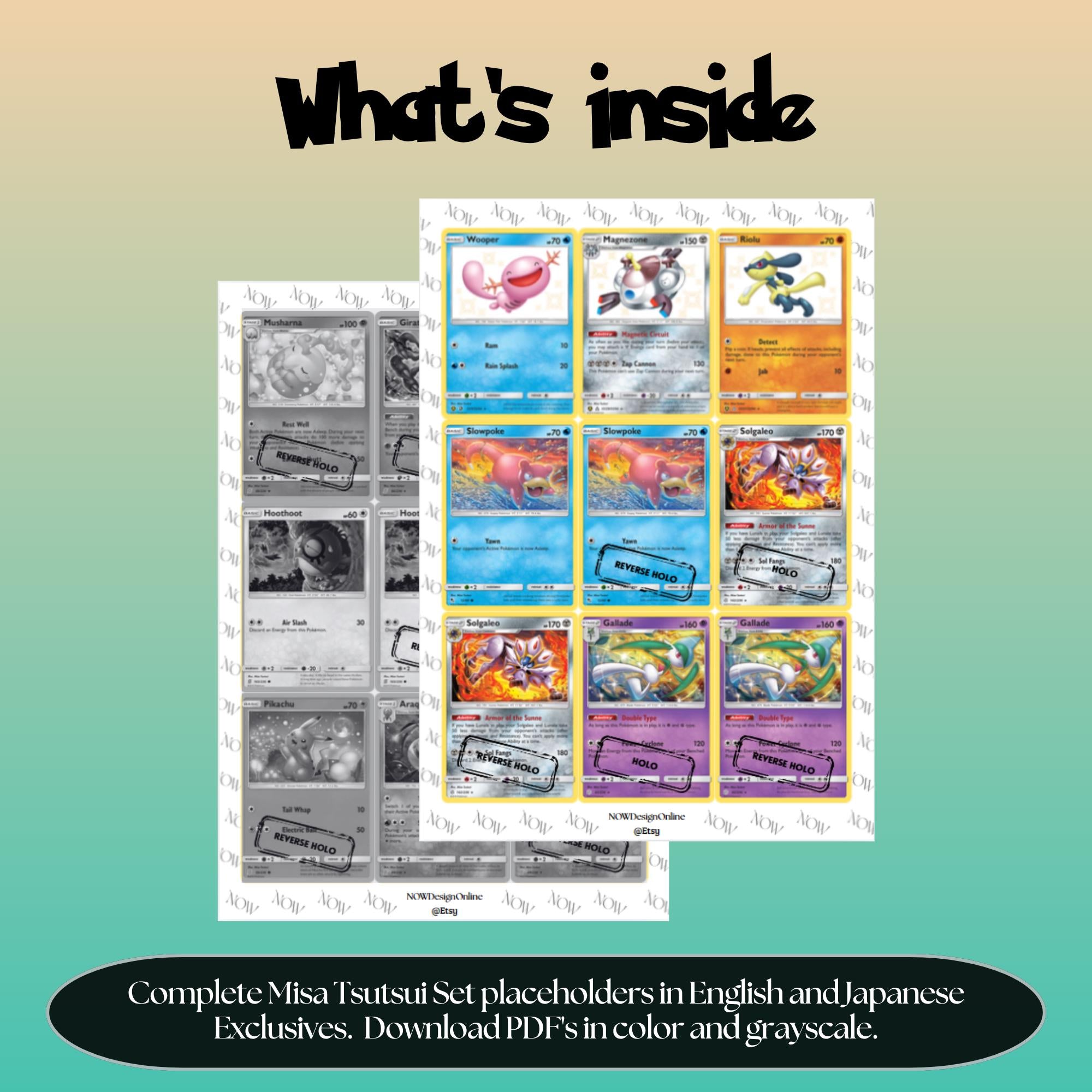Misa Tsutsui illustrator set overview showing the included Pokémon cards to print and cut for your binder sleeves.