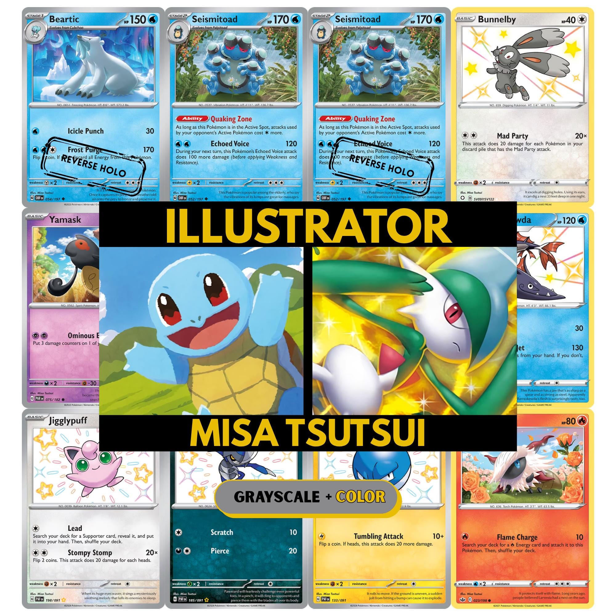 Misa Tsutsui illustrator binder pages set showing unique Pokémon card artworks in grayscale and color, designed as a digital download to complete a collector’s binder.