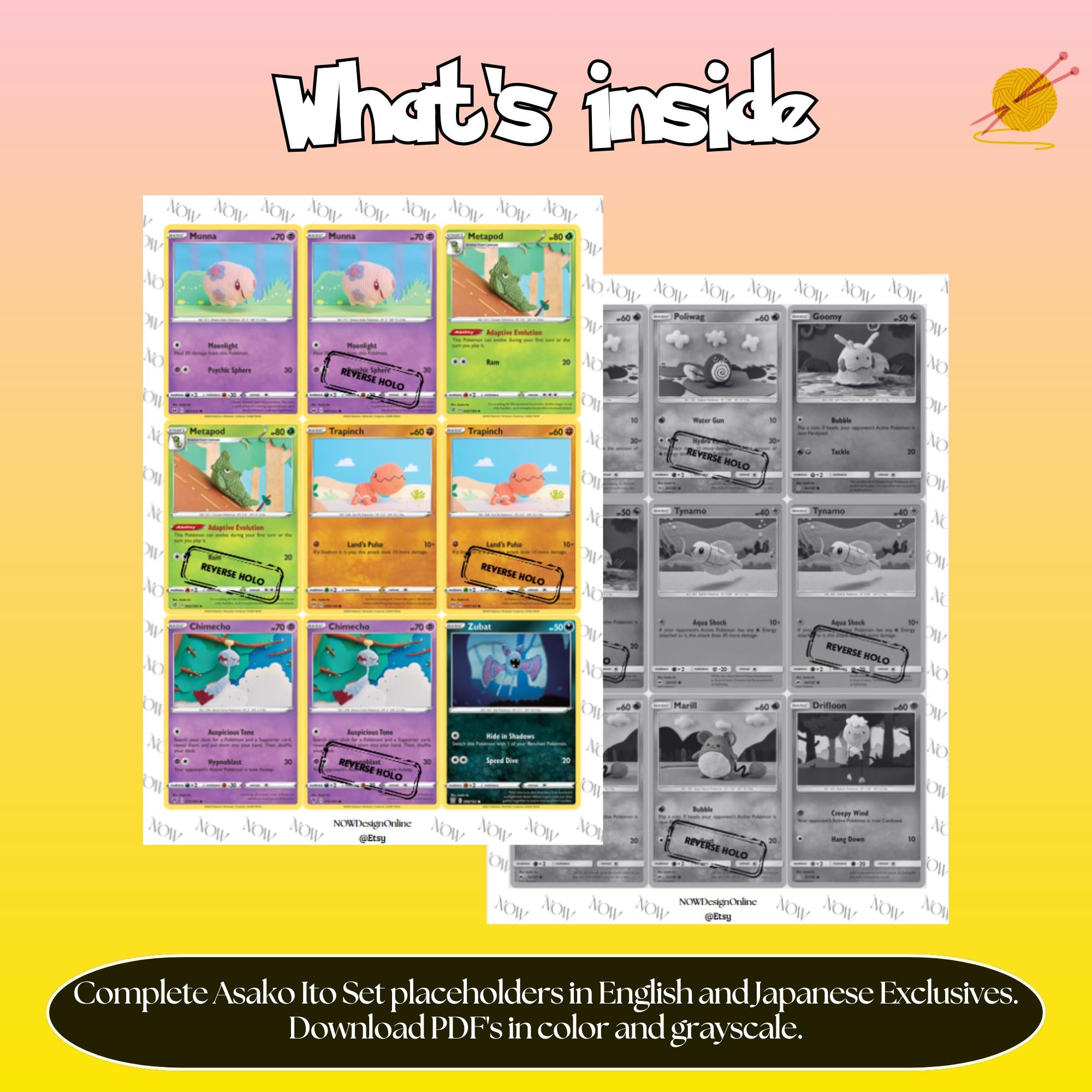 Asako Ito illustrator set overview showing the included Pokémon cards to print and cut for your binder sleeves.