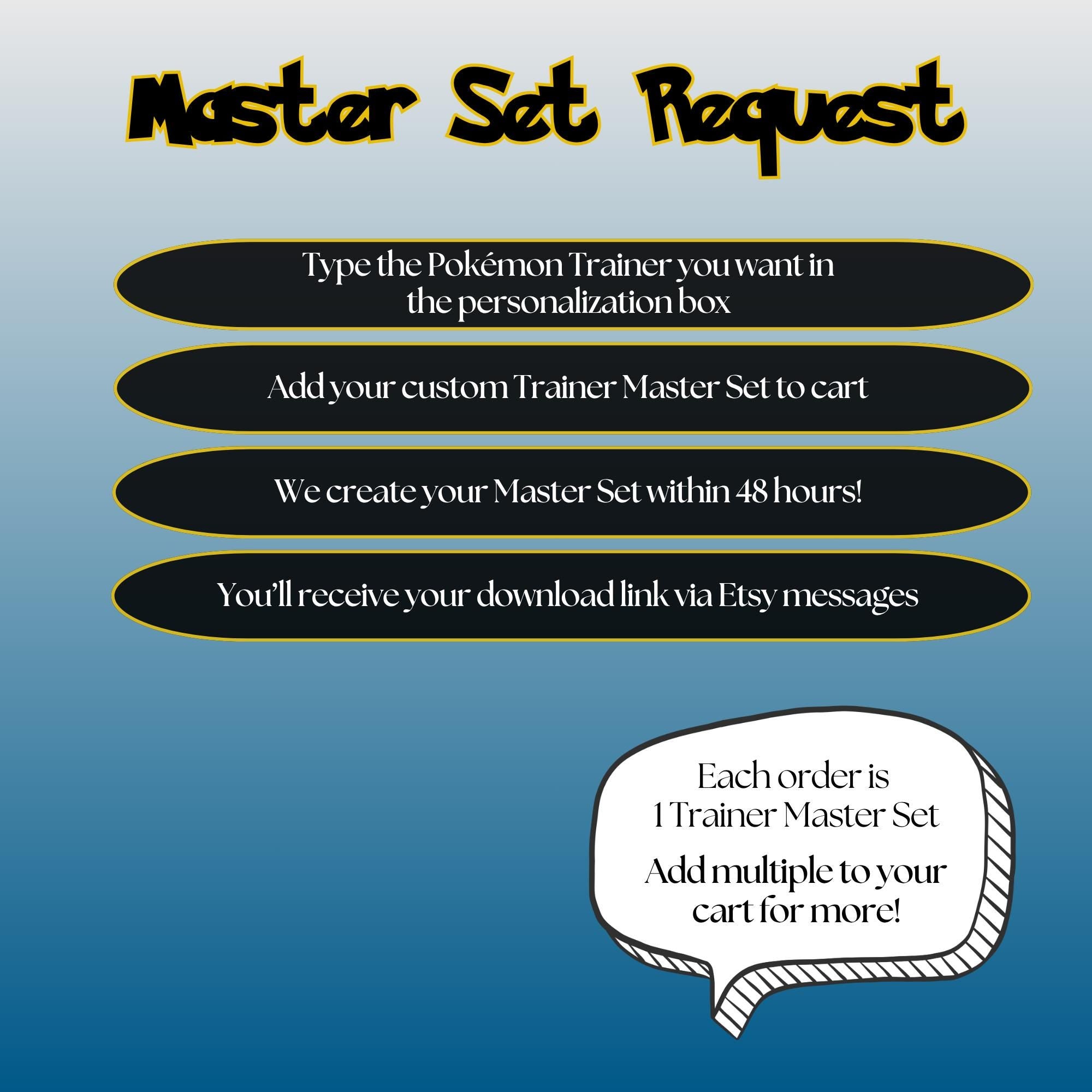 Pokémon Trainer Master Set request guide showing how to order custom placeholders with personalization and 48-hour delivery via Etsy messages.
