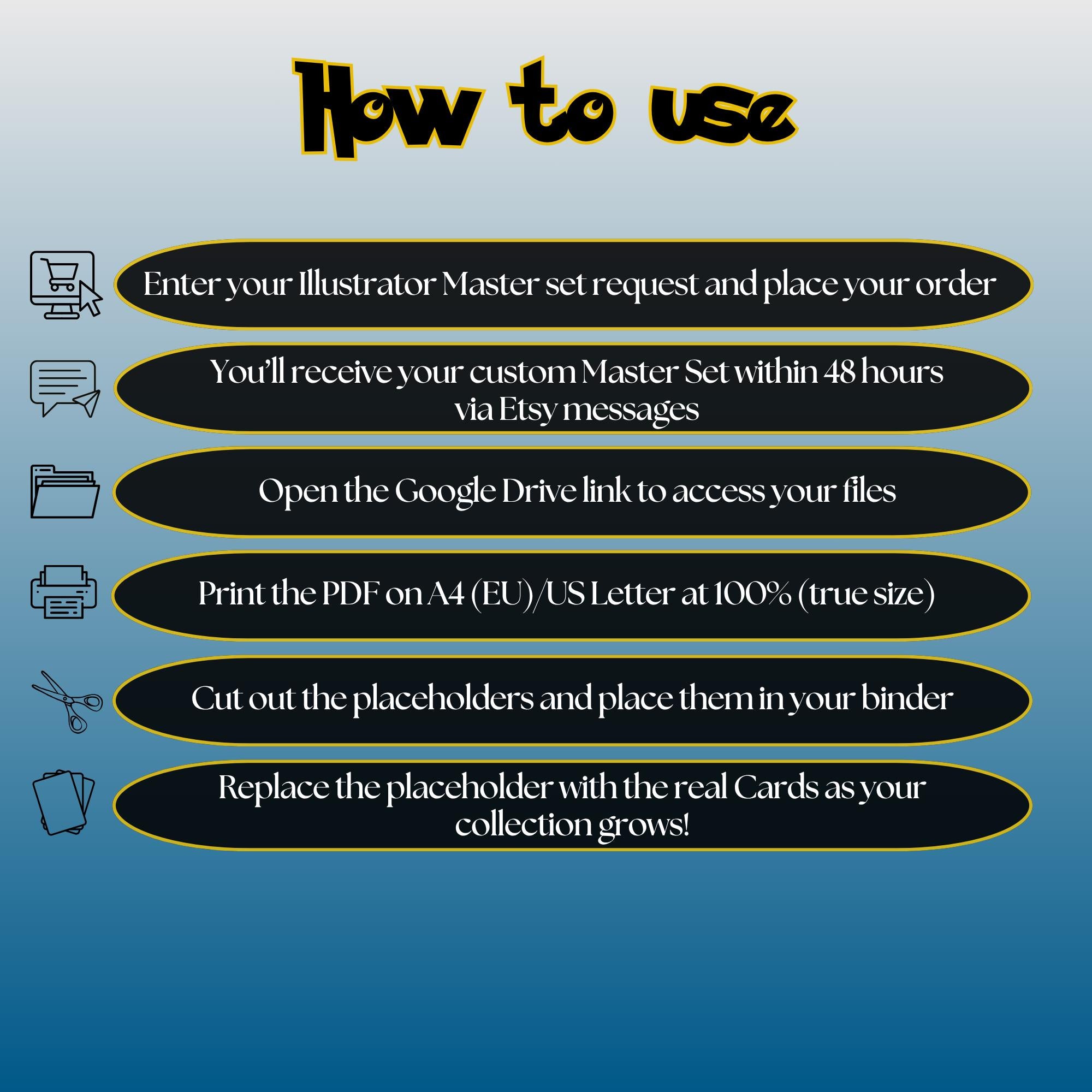 Pokémon Illustrator binder example with filled placeholder pages, showing a complete Master Set layout for tracking your collection.