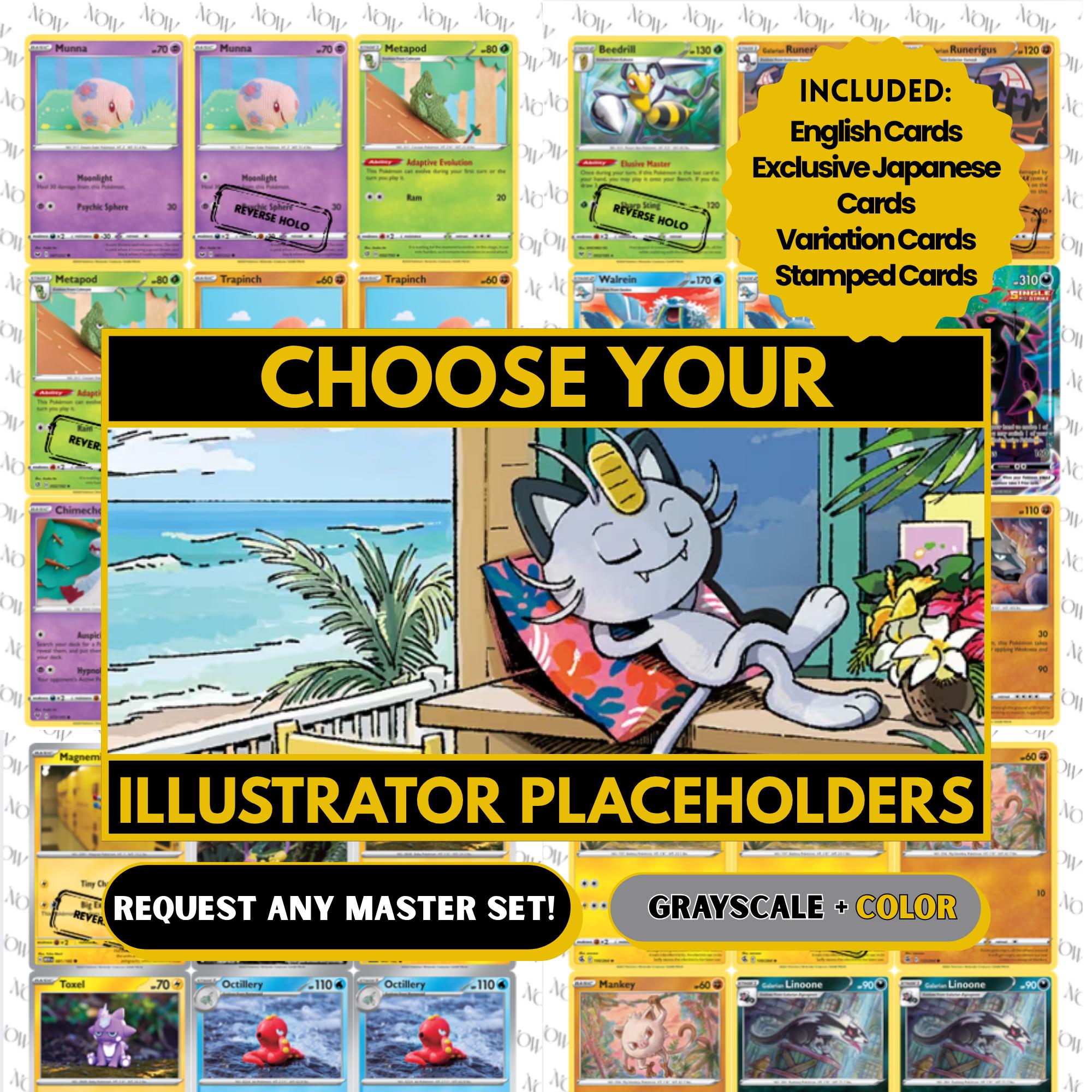 Pokémon Illustrator Master Set Placeholders request binder pages showing grayscale and color placeholders, custom digital download for any Pokémon Illustrator binder.