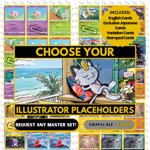 Pokémon Illustrator Master Set Placeholders request binder pages showing grayscale and color placeholders, custom digital download for any Pokémon Illustrator binder.