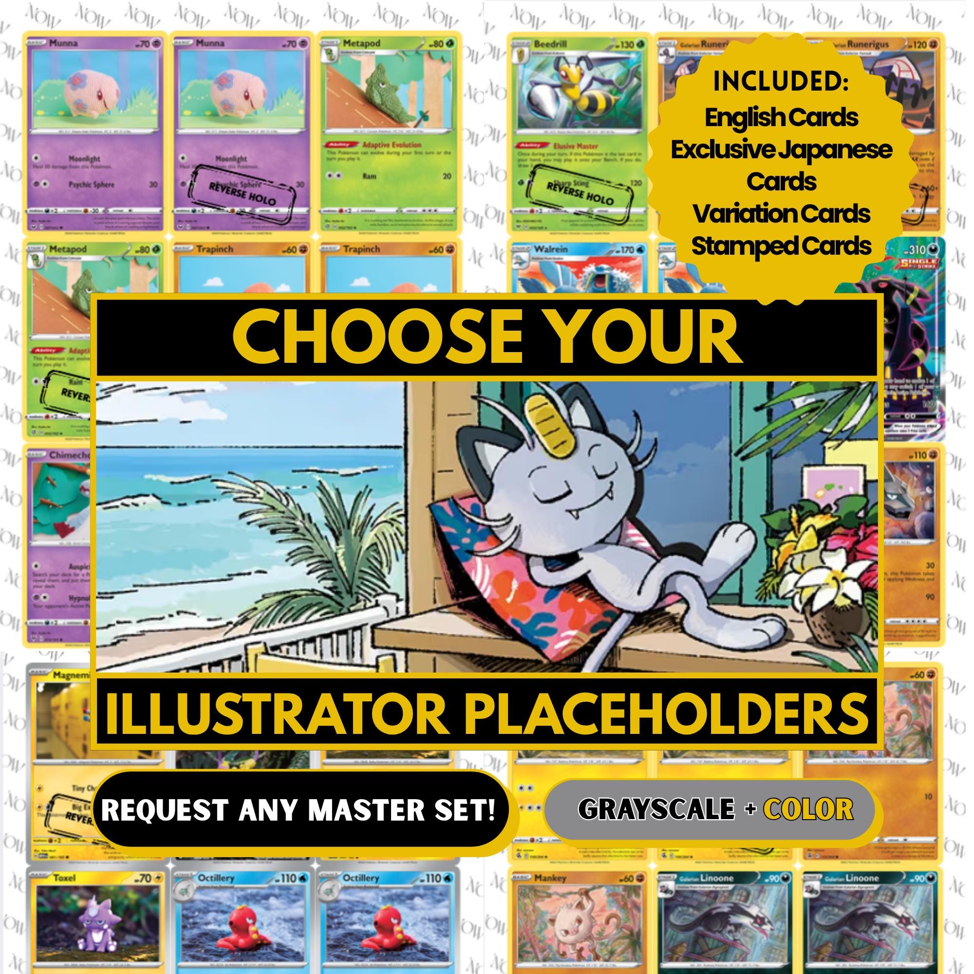 Pokémon Illustrator Master Set Placeholders request binder pages showing grayscale and color placeholders, custom digital download for any Pokémon Illustrator binder.