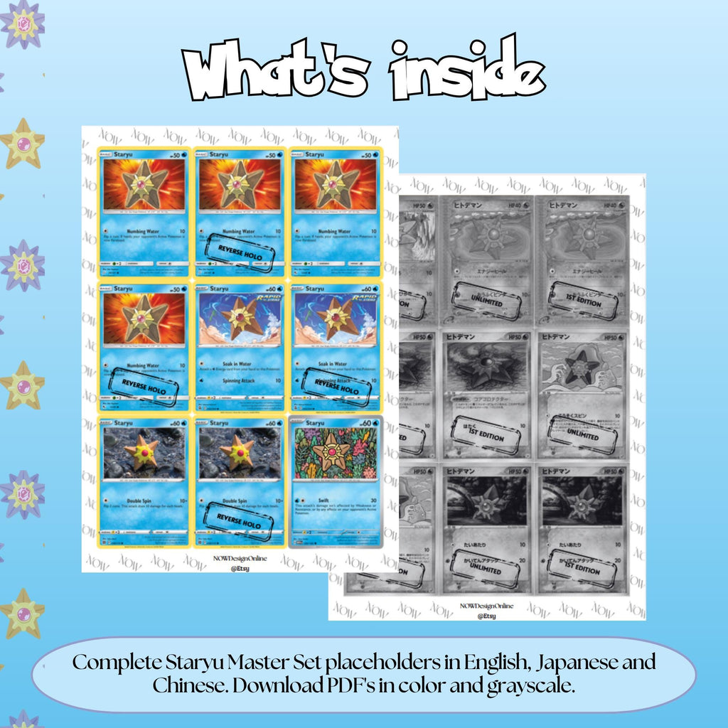 Staryu binder pages set overview showing the included Pokémon cards to print and cut for your binder sleeves.
