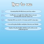 Starmie cards digital download instructions explaining how to print, cut, and place placeholders in a Pokémon binder.