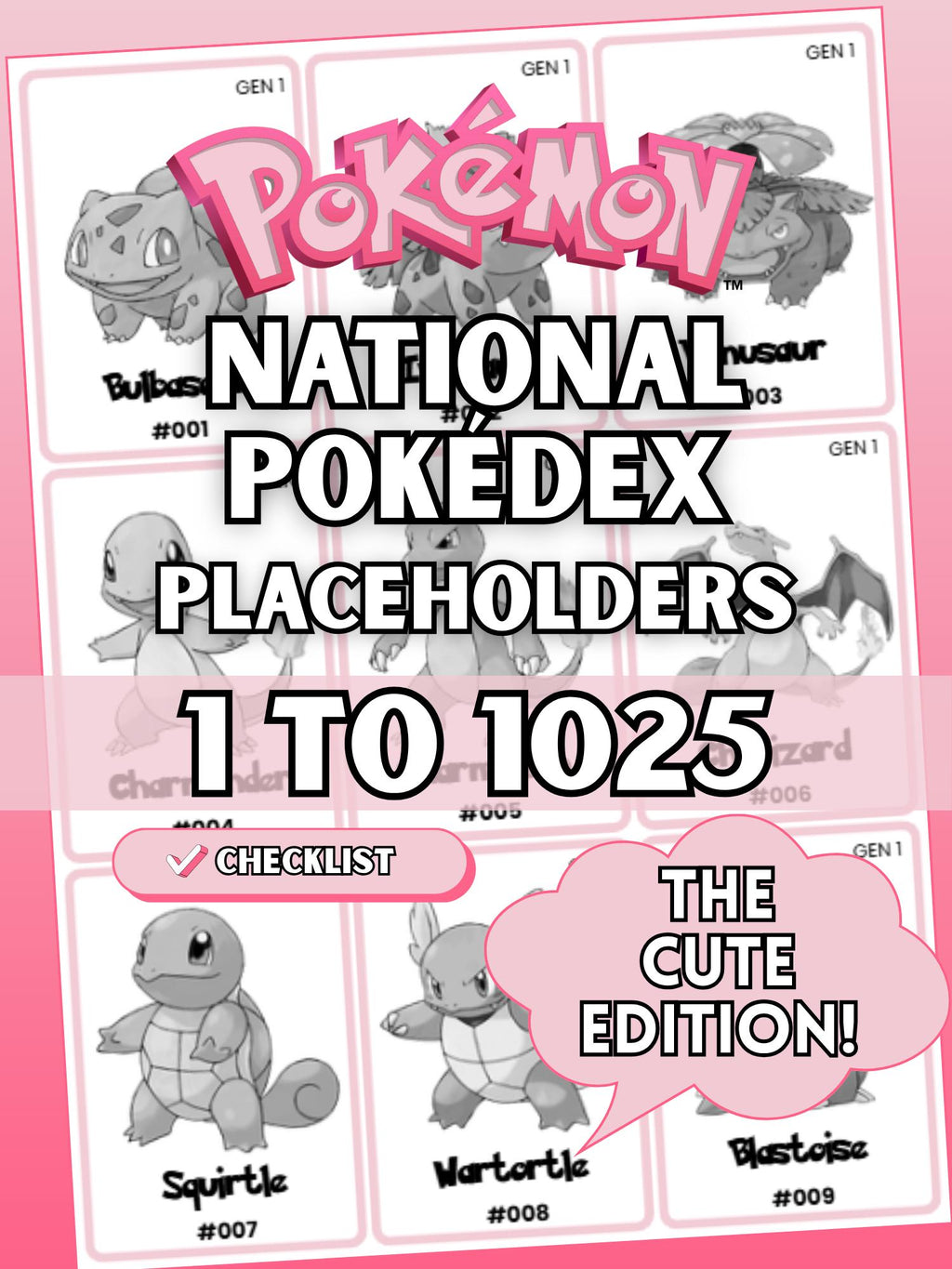 National Pokédex placeholders printable Cute Pokémon binder pages in the color pink showing card style inserts from #001 to #1025 designed to keep a Pokémon TCG binder complete and organized.