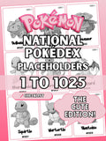 National Pokédex placeholders printable Cute Pokémon binder pages in the color pink showing card style inserts from #001 to #1025 designed to keep a Pokémon TCG binder complete and organized.