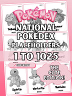 National Pokédex placeholders printable Cute Pokémon binder pages in the color pink showing card style inserts from #001 to #1025 designed to keep a Pokémon TCG binder complete and organized.